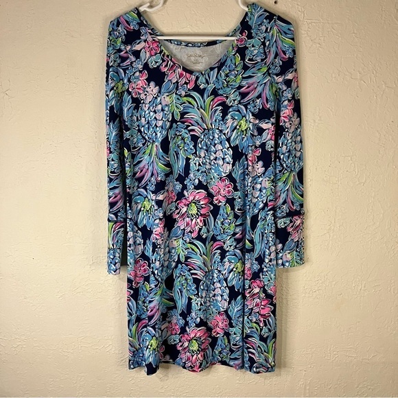 Lilly Pulitzer Kaisley Dual Neck Dress in High Tide Navy Pineapple Paradise - Picture 2 of 10